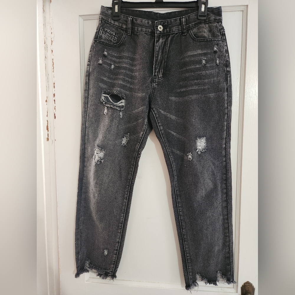 Womens Faded Distressed Black Cropped Jeans